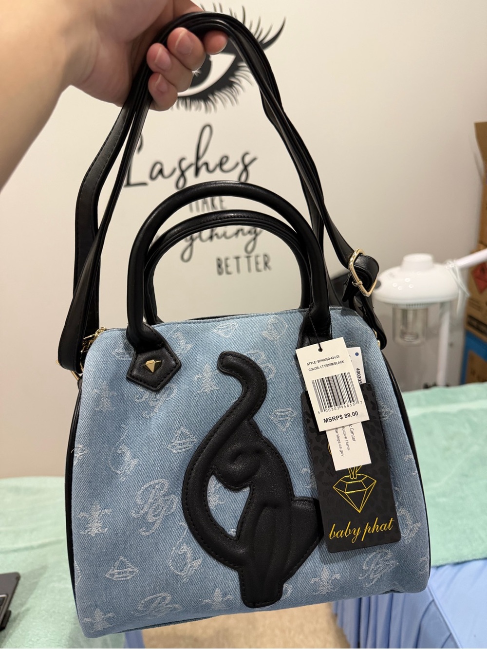 Baby Phat Light Blue Denim Satchel with Black Cat Applique and Black Trim
